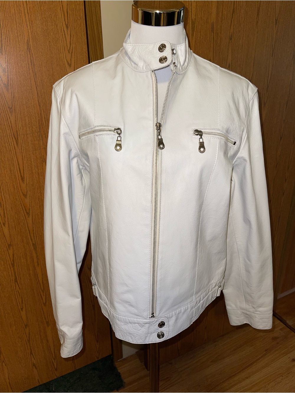 Maxima White Leather Women's Zip-Front Bomber Jacket
